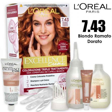 L'oreal colorazione triplo trattamento excellence n° 7.43 biondo ramato dorato