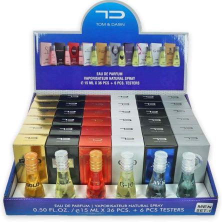 Expo 15 ml uomo 36pz+6tester composto da : ave/gold perfume/g10/maisonred/aviator/victory