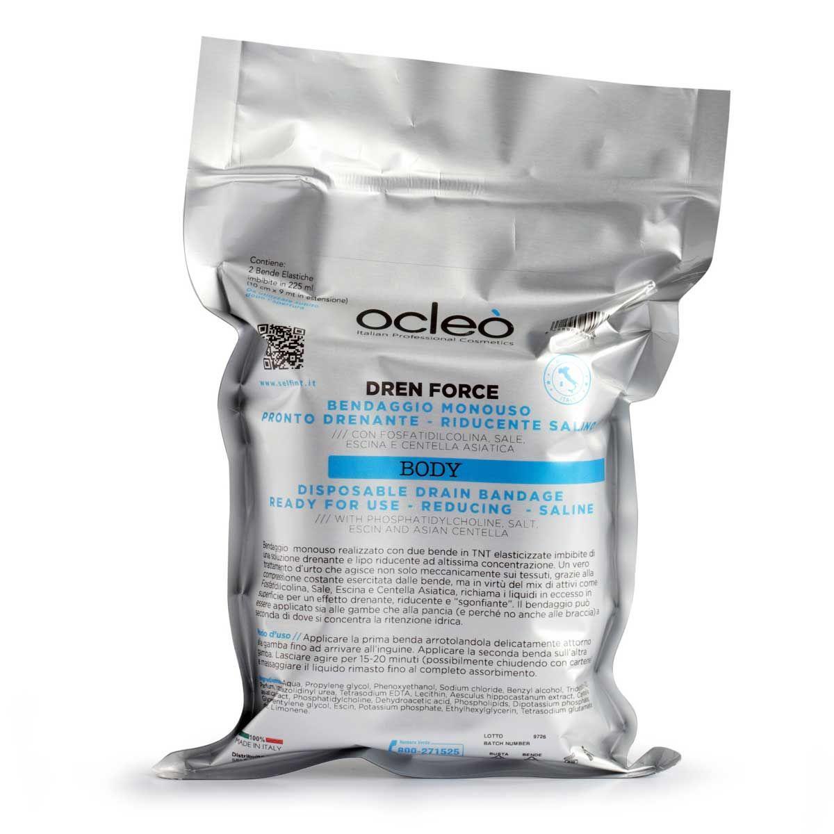 Ocleo  bendaggio monouso pronto - drenante - lipo riducente salino  - due bende 10 cm. x 9 mt. in estensione - ml 225