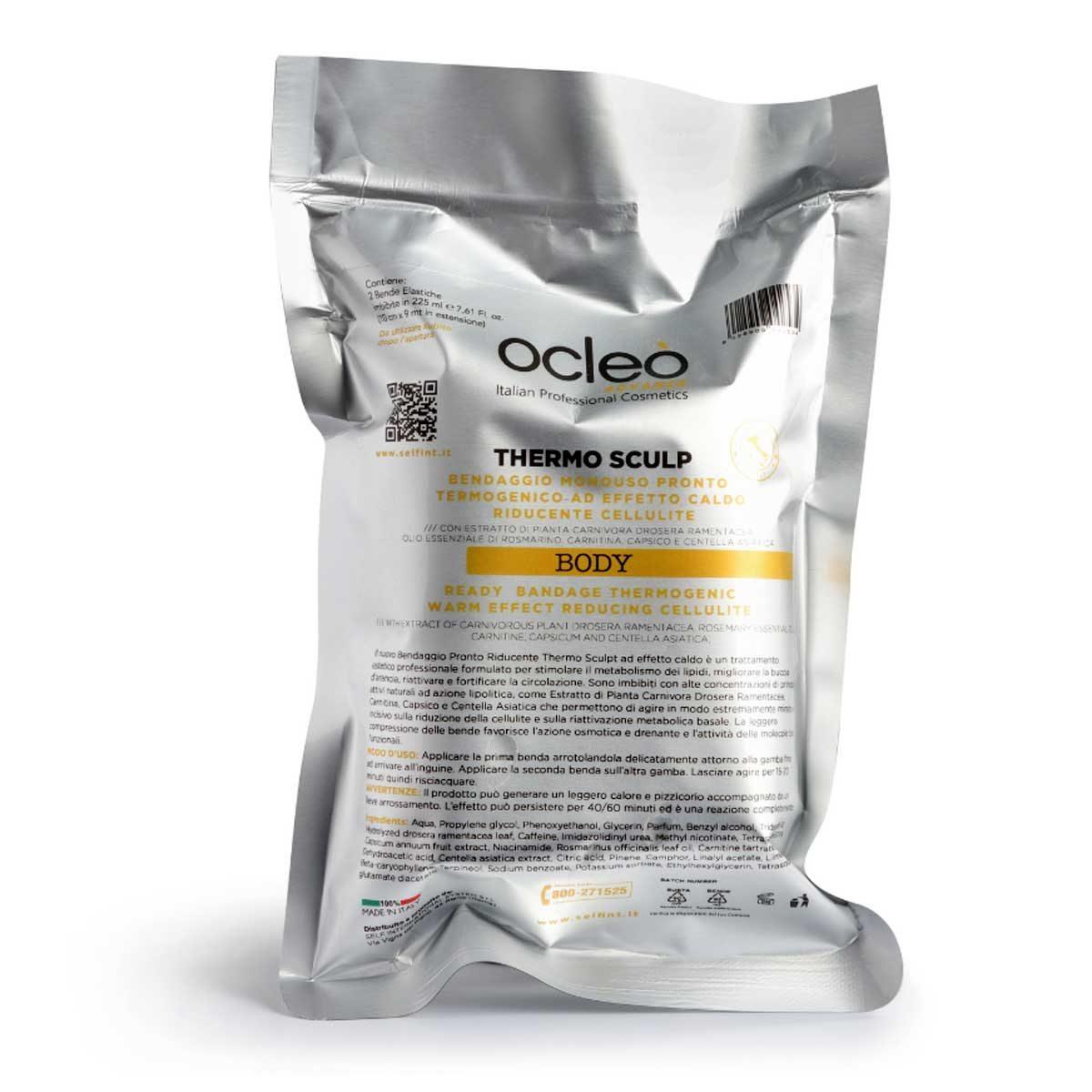 Ocleo  bendaggio pronto termogenico ad effetto caldo riducente cellulite - 2 bende 10 cm. x 9 mt. in estensione - ml 225