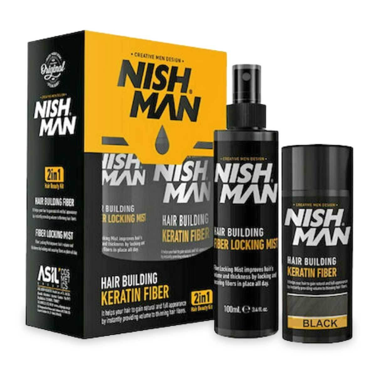 Nishman hair building keratin fiber & locking mist spray set black