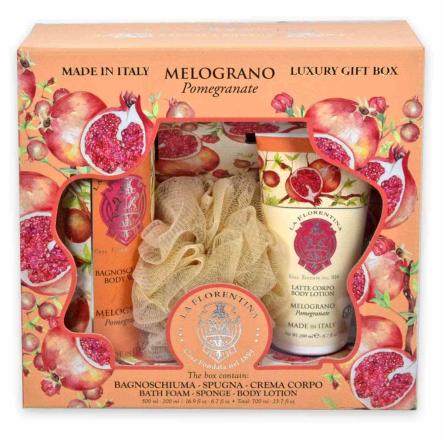 La florentina gift set small  melograno 500ml + latte corpo 200ml + spugna
