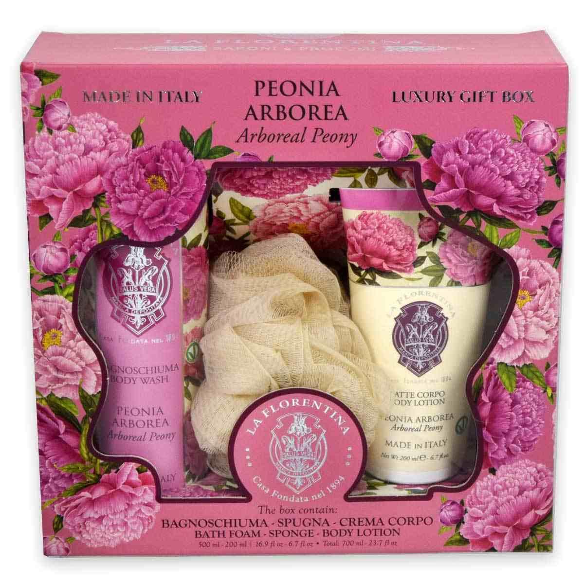 La florentinagift set bagnoschiuma peonia 500ml + latte corpo 200ml + spugna