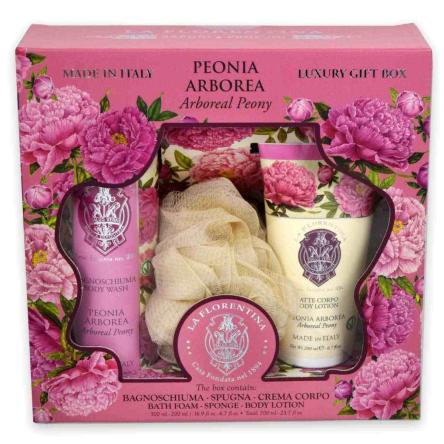 La florentinagift set bagnoschiuma peonia 500ml + latte corpo 200ml + spugna